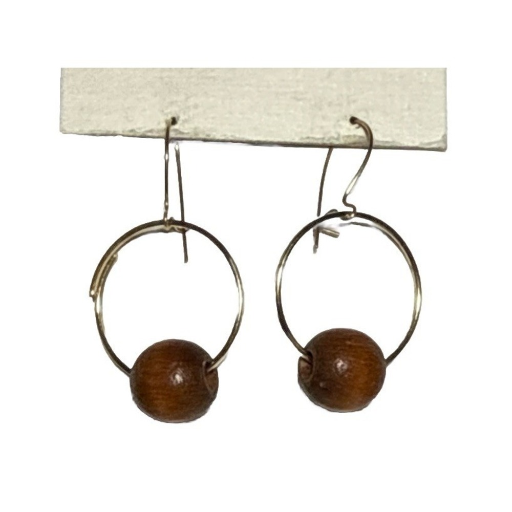 Wooden Bead and Gold Tone Pierced‎ Earrings Vtg J-7Q